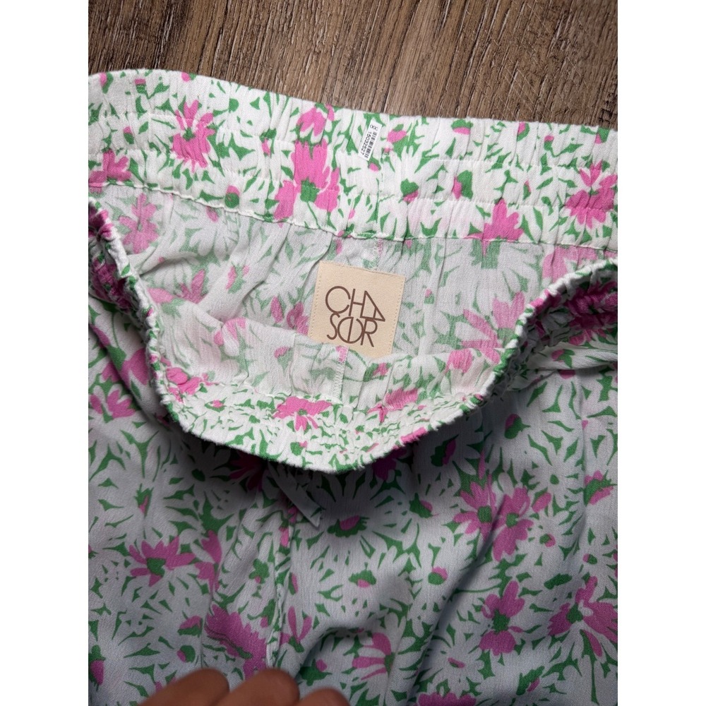 Chaser Floral Wide Leg Pants Medium Pink‎ Green Daisy Print Rayon CHA7130-GRS - Picture 3 of 8